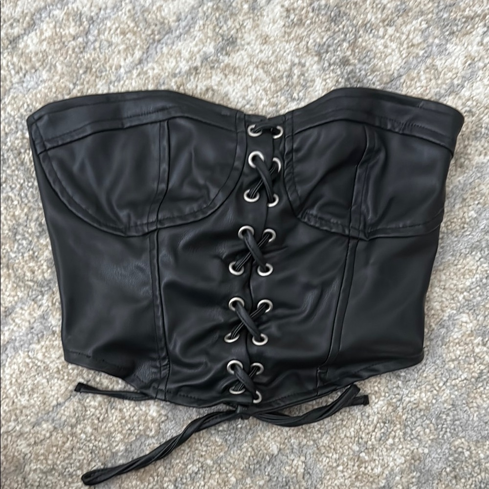 Zara Black Faux Leather Lace-Up Crop Top